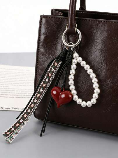 Vintage Embroidered Beaded Keychain Pendant; Multi-Layer Woven Hemp Rope Decor; 3D Acrylic Heart-Shaped Pearl Pendant; Waterproof Vintage Floral Embroidered Fabric Tag; Spring Outdoor Floral Decor For Backpacks; Handmade Versatile Decorative Pendant