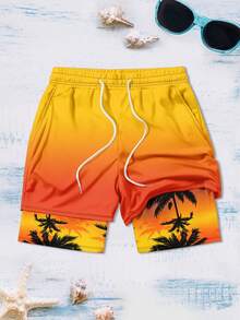 Quần short đi biển nam in họa tiết hoàng hôn và cây cọ chuyển màu, quần short hai lớp nam, quần đi biển kiểu dáng nghỉ mát dành cho nam. - Nhiều màu - Xem 2