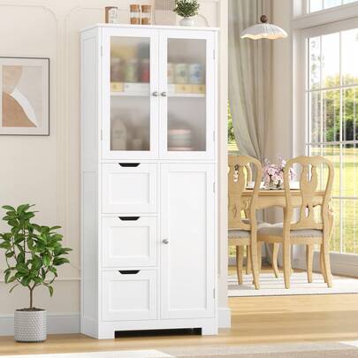 Badkamerkast, hoge badkamerkast met 3 deuren en 3 lades, keukenkast voor woonkamer, keuken, eetkamer, kantoor, 143,2 x 60 x 30 cm, wit