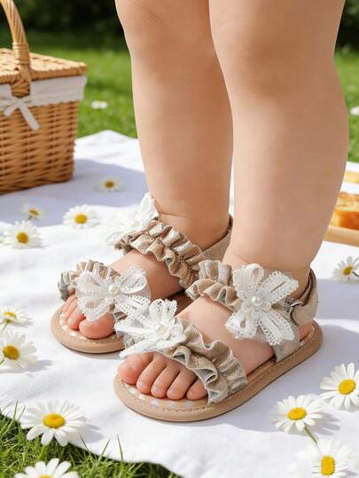Newborn Infant Girls' Summer Sandals With Flower Bow Soft Sole Wedding Dress Flat Shoes, Newborn Toddler Crib Shoes