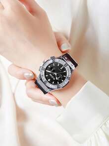 DOM 1pc Women's Fashionable Multi-Function Chronograph Sports Style Watch, Black Strap Calendar Quartz Water-Resistant Ladies Watch With Large Dial And Rhinestones, Suitable For Gifting To Girlfriend And Daily Wear - Black - View 3