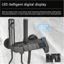 Juego de ducha de baño, juego de ducha con pantalla digital lacado en piano negro, grifo de baño con control dual de agua caliente y fría, grifo de cascada, sistema de ducha de lluvia, control dual de agua caliente y fría negro - Negro - Ver 6