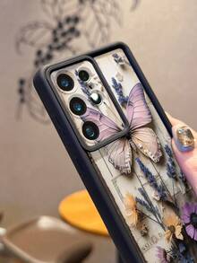 1pc Dried Flower & Butterfly Pattern Printed Phone Case, Camera Protection, Shock-Proof, Thick Black Phone Cover Compatible With Android Galaxy A55/A15, S21/S22/S23 FE/S24 Plus/S25 Ultra, /, SMART 8 Pro, Honor, One Plus - Black - View 3