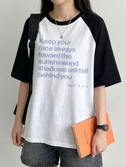Women's Contrast Color Round Neck Casual Cartoon Letter Print Short Sleeve T-Shirt, Spring/Summer