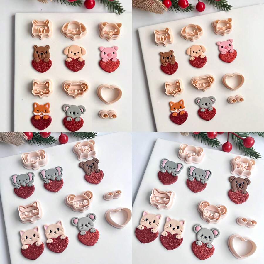 动物及心形系列聚合物粘土切割模具，包括大象、猫、老鼠、熊、狐狸、猪等造型，适合初学者制作手工聚合物粘土耳环和陶瓷工艺品。 - 杏色 - 查看 1