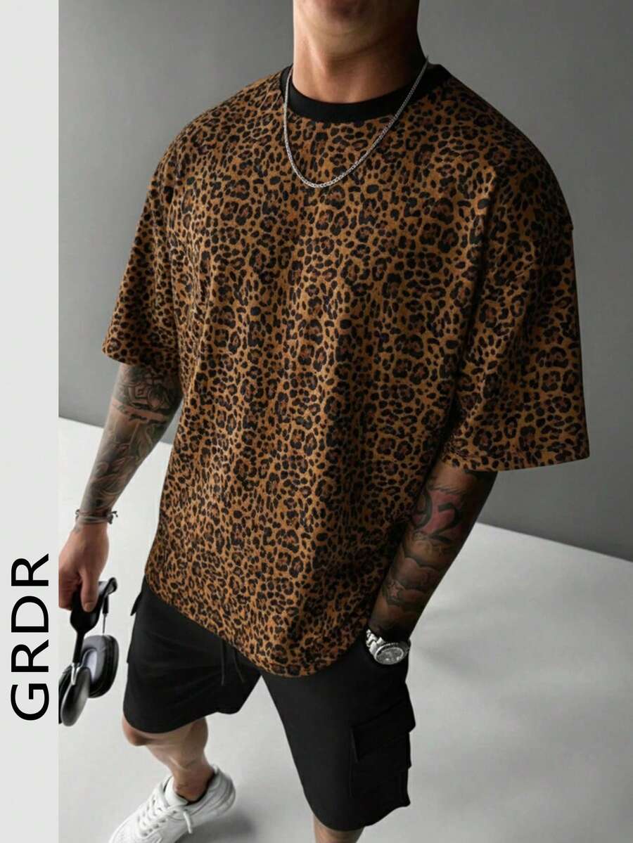 GRDR Men's Fashionable Outdoor Casual Leopard Print Round Neck T-Shirt, Knit Fabric, Summer - Yellow - View 1