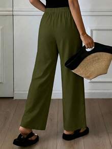 Spring Summer Women Casual & Fashionable High Waist Straight Leg Pants With Pockets, Olive Green, Vacation Beach Office School Outfits For Women - 橄欖綠 - 查看 3