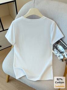 2pcs/Set Kaos Lengan Pendek Motif Bunga Abu-abu + Putih Terbaru Musim Semi/Panas, Kaos Dalam Wanita Slim Fit Warna Polos Kasual - Abu-abu muda + putih - View 7