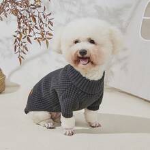 Gray Waffle Dog Knit Sweater, Foldable High Neck Ribbed Cuffs, Thick Warm Washable - Grey - View 13