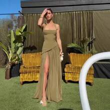 Skinny Comfortable Fashionable Sexy Suspender Skirt Slim Strap Split Skirt Backless Streamer Dress - màu xanh ô liu - Xem 4