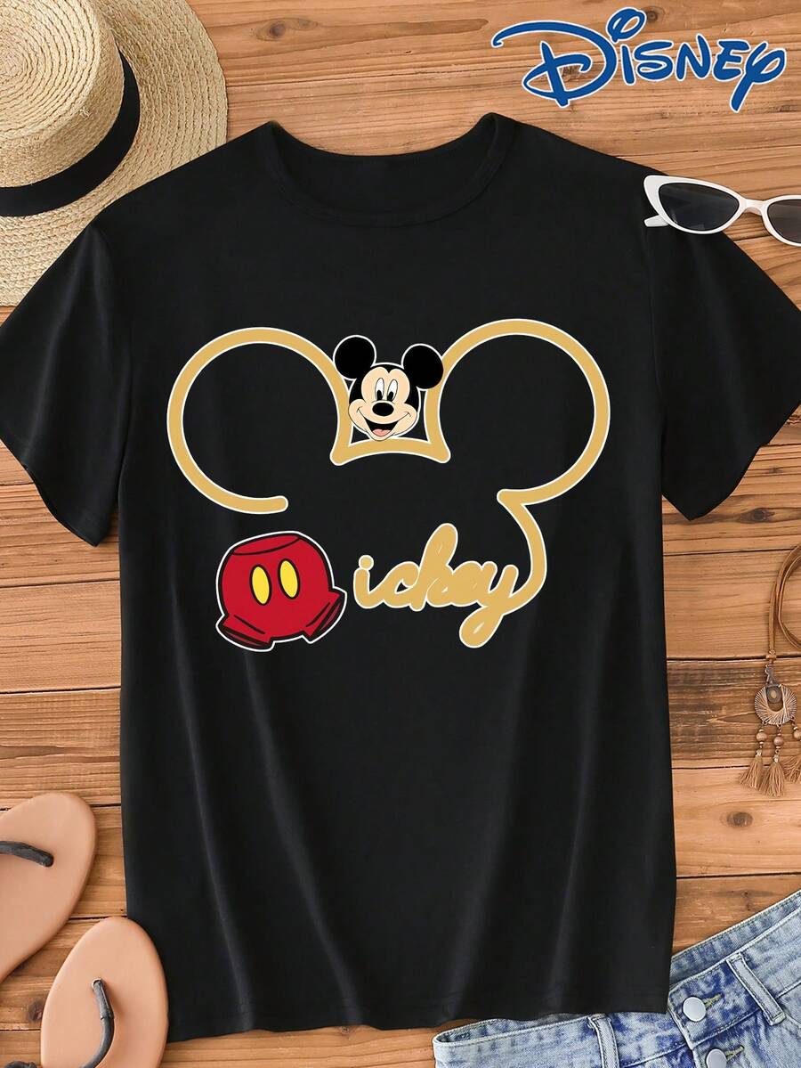 Disney 1件男士米奇卡通图案印花短袖T恤，圆领，弹力面料，适合日常穿着，易打理，时尚休闲男士T恤，短袖T恤 - 黑色 - 查看 1