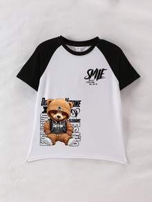 青少年/男童泰迪熊字母印花黑白短袖T恤，插肩袖设计，新款春夏童装 - 黑色 - 查看 3