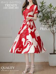 Valentine's Day Long Sleeve Tops Primavera A Verano Red Tops Resort Wear Women Mardi Gras Dresses For Women Vestidos Elegantes De Mujer Elegant Small V-Neck Geometric Print Lace-Up Dress, Fashionable And Elegant V-Neck Lace-Up Style Spring Outfits For Women Festival Outfits For Women Concert Outfit Women Womens Tops Spring Break Outfits Brunch Outfits For Women - 紅色 - 查看 3