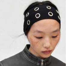 1pcs  Hair Accessories Woman Punk Girl Hollowed Out Eyelets Wide Elastic Headband Stretchy Metal Rock Steampunk For Sports Headbands  Polyester    Grommet Eyelet - 黑色 - 查看 2