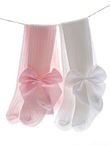 2pcs Baby Girl Tight Cotton Knit Bowknot Mesh Leggings - Multicolor - View 5