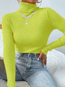 Women's Knitted Turtleneck Sweater, Basic Wool, Fashion, Super Eenvio!!! - Lime Green - View 1