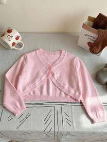 女童优雅粉色短款镂空针织开衫，单扣轻薄透气披肩，春夏款 - 粉色 - 查看 2