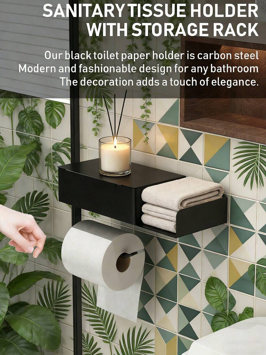 Giá đựng giấy vệ sinh có kệ | Hộp đựng khăn ướt có thể xả được, gắn tường bằng keo dán, đặt đứng, chống bụi, ngăn kéo đựng cuộn giấy vệ sinh phòng tắm, màu đen - Nhiều màu - Xem 1
