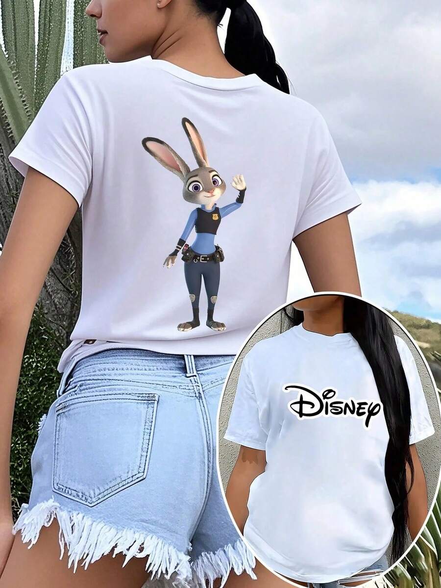 Disney Judy Hopps Waving Print Women's Short Sleeve T-Shirt Youthful & Energetic Casual Top - 白色 - 查看 1