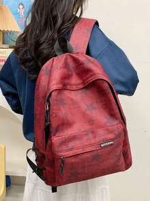 1pc Red & Black Ombre Star Print Nylon Large Capacity Zipper Closure Backpack, Retro American Style For Students & Commute - Burgundy - View 6