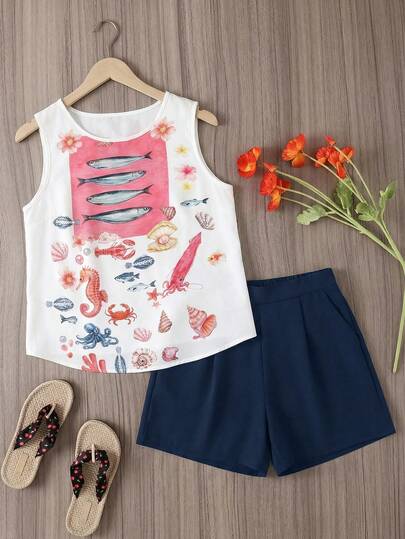 大码女式海洋元素鱼印花撞色休闲度假套装，春夏款