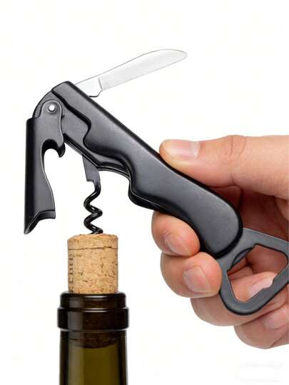 1pc Multifunctional Waiter's Corkscrew 3-In-1 Wine Opener With Foil Cutter And Bottle Opener Durable Stainless Steel Black Plastic Handle Wine Tool For Home Bar Restaurant And Outdoor Picnic