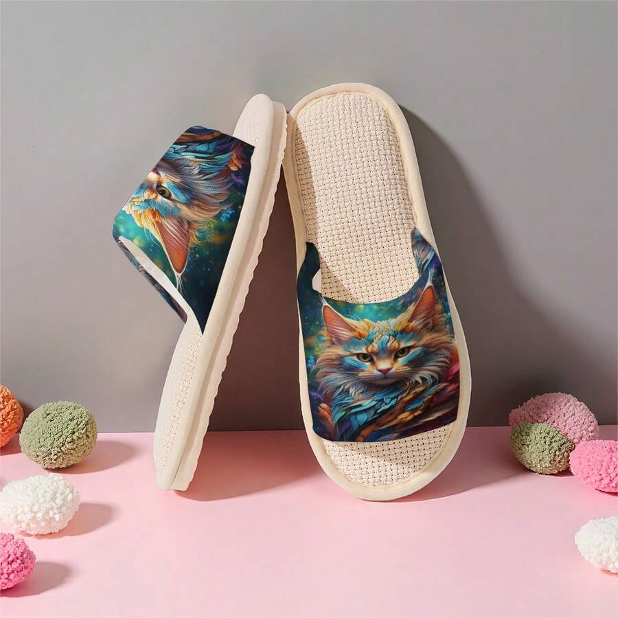 1双男女通用新款加厚绒拖鞋，印花家居拖鞋，四季皆宜，室内外两用，保暖绒内里冬季鞋，节日礼物拖鞋，生日礼物拖鞋，卧室拖鞋 - 女款拖鞋 - 查看 1