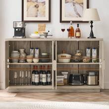Buffet Cabinet With Storage, 63" Mid-Century Modern Sideboard Cabinet With 4 Doors & Shelves, Wooden Kitchen Coffee Bar Credenza Storage For Living Room, Dining Room, Hallway, 32'' Wide / 63" Wide - 63 inch Light Grey - 查看 3