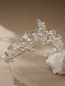 1PC Handmade Royal Style Cluster Faux Pearl Tiara, Elegant Silver Leaf & Rhinestone Wedding Crown, 3.54 Inch High Puffy Headband With Hair Combs For Brides & Prom - Silver - View 11