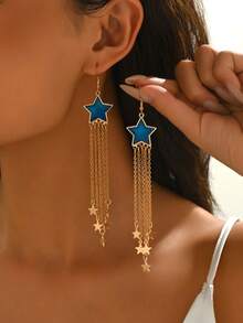 1 Pair Spring/Summer Creative New Fashion Women Elegant Blue Star Tassel Drop Earrings, Versatile For Daily Wear, Party, Holiday, Gift For Girlfriend/Best Friend - Golden - View 1