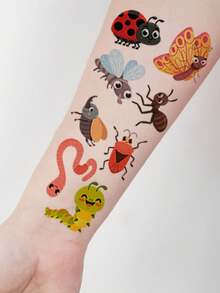 12 Sheets (142 Insect Patterns) Temporary Tattoo Stickers, Waterproof Fun Art Puzzle Cartoon Stickers, Bee Ant Snail Ladybug Element Patterns, Suitable As Birthday Party Gifts - Multicolor - View 6