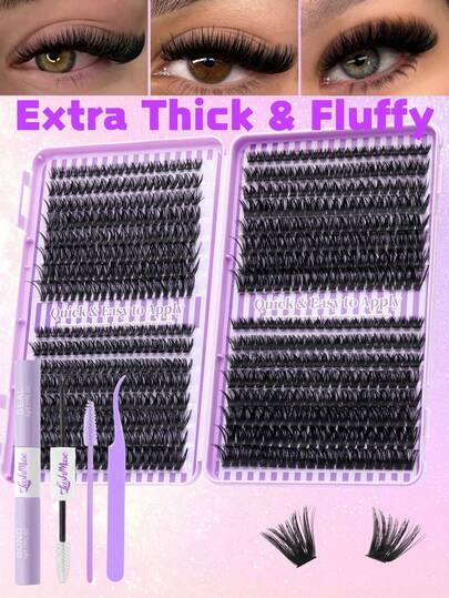 1280pcs/640pcs D-DD Curl  Lash Clusters, 50D+60D+80D+100D High Capacity DIY Eyelash Extension Kit, Mixed Single Lash Styles, 0.31-0.63inch, Fluffy Wispy Lashes, Faux Mink Eyelashes, Suitable For Beginners, Includes Lash Glue, Tweezers & Brush, Create Charming Eyes Easily At Home, Perfect For Cosplay, Weddings, Galas, Stage Makeup, And Special Occasions.