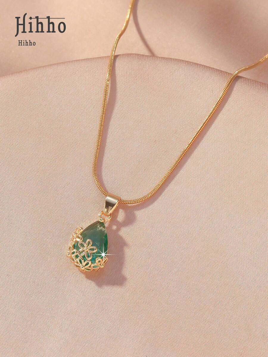 Hihho 1件简约时尚单颗锆石绿色水滴吊坠项链，女士镂空花卉设计蛇形链精致颈链，适合日常佩戴、节日和派对作为礼物 - 綠色 - 查看 1