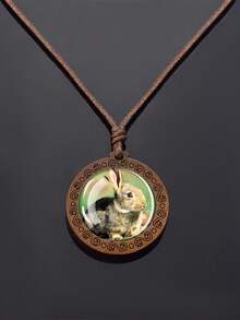1PC Animal Themed Rabbit Pattern Dome Glass Inlaid With Retro Texture Design Wooden Pendant Necklace, Paired With A Rope Chain, Suitable For Daily Wear Or As A Holiday Gift. - Chocolate Brown - View 3