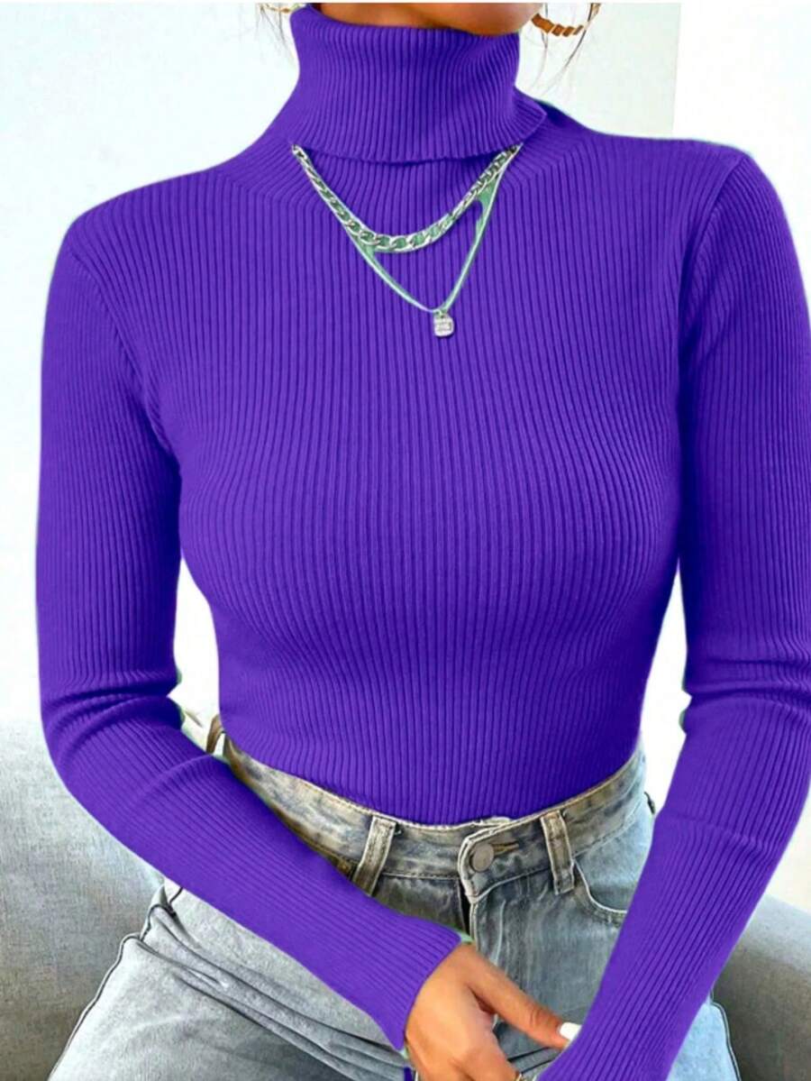 Women's Knitted Turtleneck Sweater, Basic Wool, Fashion, Super Eenvio!!! - Roxo - View 1