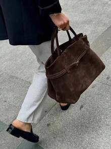 Retro Style Minimalist High-End Multifunctional Large Capacity Tote Bag , Office Bag - Coffee Brown - View 2