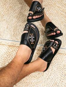 Men's Middle Eastern Arabic Style Basic Faux Leather Sandals, Black Casual Beach Slippers - Black - View 5