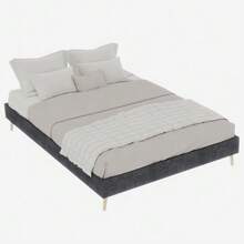 Modern Minimalist Bed Frame, 140 X 200 Cm, Grey, Upholstered In Dutch Velvet, Low Slatted Base, Contemporary Style Bedroom Furniture. Gas Spring, Headboard And Mattress Not Included. - Grey - View 5