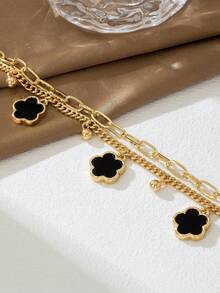 1件夏季度假优雅黑色金属花朵和三叶草多层脚链，适合度假、派对、约会、送礼、日常佩戴（不含礼盒） - 黑色 - 查看 3