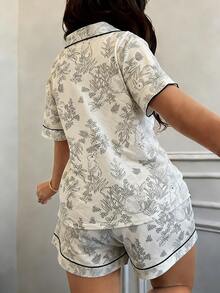 Women's Cartoon Rabbit Print Lapel Top And Shorts Pajama Set, Suitable For All Seasons With Buttons, Casual Loungewear - Pink - View 3