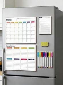 12/6/1 Set Magnetic Dry Erase Fridge Calendar, Monthly Fridge Planner & Today's Menu List Whiteboard, 2/3 Pcs Fridge Blackboard For Kitchen And Office, Includes 3/8 Markers + Eraser - Magnetic Adhesive Set [pen and Eraser Colors Random] - View 1