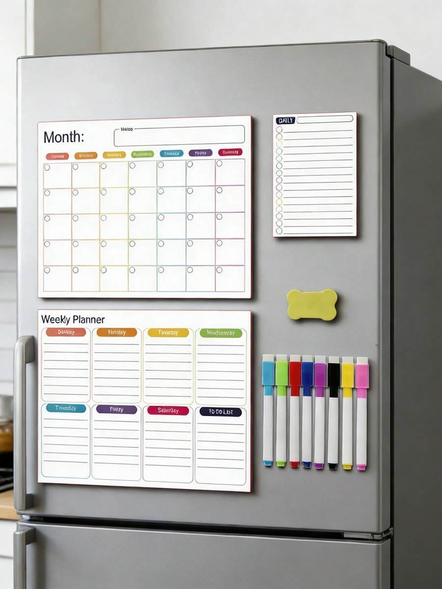 12/6/1 Set Magnetic Dry Erase Fridge Calendar, Monthly Fridge Planner & Today's Menu List Whiteboard, 2/3 Pcs Fridge Blackboard For Kitchen And Office, Includes 3/8 Markers + Eraser - Magnetic Adhesive Set [pen and Eraser Colors Random] - View 1