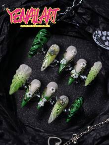 10pcs Press On Nails Acrylic Stiletto, Featuring Nude,Natural Looking Base, Green,Light Green,Gradient Color,French Tip,3d Three-Dimensional Decoration Element, White Floral, Nail Gems,Polka Dot,3d Three-Dimensional Decoration Butterfly Blingbling ,Cottagecore Metal Style Homemade Full Coverage Press On Nails Stiletto Set - Green - View 3