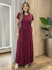 Long Dress With Three Tiers, Comfortable Viscose/Lycra Knit, Casual And Elegant, Ruffled Hem, Modest Style, Short Sleeves. - 酒紅色 - 查看 2
