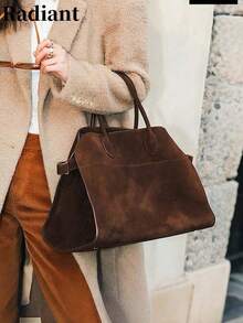 Vintage Brown Suede Tote Bag - Large Capacity Commute Shoulder Bag With Magnetic Closure, Nylon Lining, And Durable Handles, Ideal For Everyday Use, Everyday Tote Bag | Vintage Style Bag | Durable Handles, Tote Bag, New Fall Fashion 2025 For Women - 咖啡 - 查看 8
