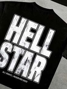 Hell Star Paradise Skull Flame Distressed Oversized Graphic Tee Men's Short Sleeve Pure Cotton T-Shirt, Y2K Streetwear Vintage Casual Punk Gothic Aesthetic Baggy 100% Cotton Pullover Gift - 黑色 - 查看 2
