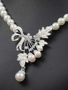 1 Set Classic Y-Shaped Glass Pearl Necklace And Earrings, Bridal Wedding, Party Dress Accessory Set, 1 Necklace And 1 Pair Of Earrings - Beige Phoenix Tail - View 4