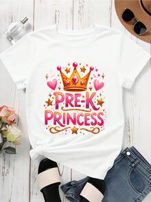 Women Round Neck T Shirt Pre K Princess Crown Heart Stars Print Short Sleeve For Casual Wear And School Events - 白色 - 查看 2