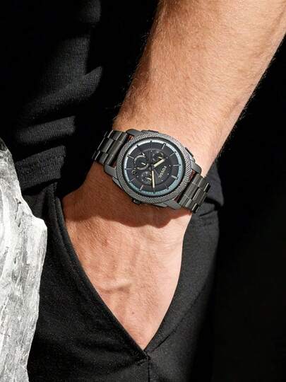 Fossil Reloj de acero inoxidable gris oscuro para hombre, bisel grabado industrial, cronógrafo de esfera grande con fecha FS5172