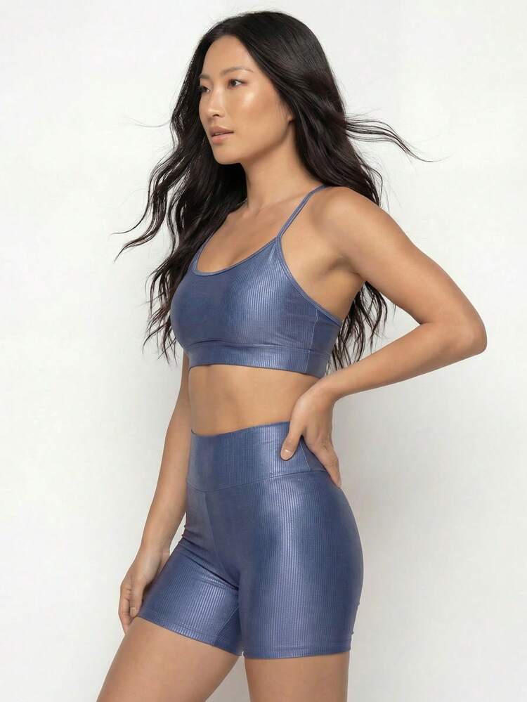 Conjunto fitness canelado academia top e short feminino com brilho premium - Azul jeans - Visão 6